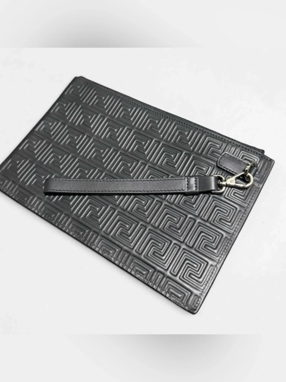 Versace Black La Greca Embossed Leather Wristlet Clutch